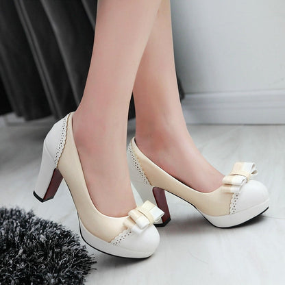 Bow Women Chunky Heel Pumps High Heels Platform Shoes 5701