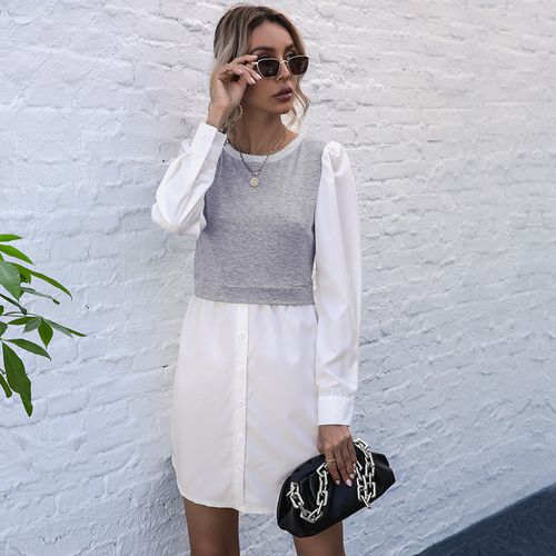 Women Long Sleeve Blouse Stitching Mid-length Shirt