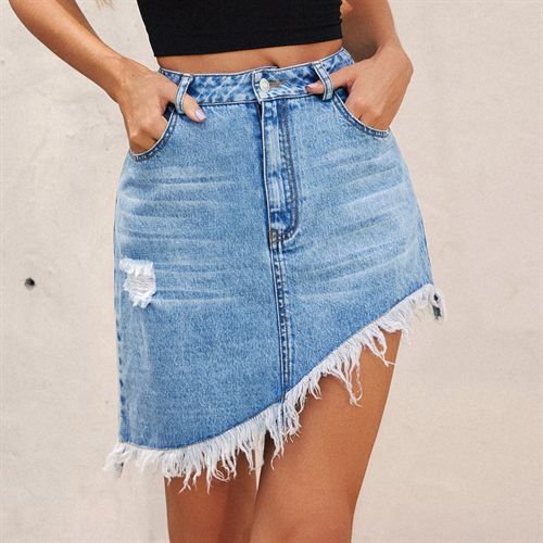 Ins Fashion High Waist Daily Rolled Edge Denim Short Women Skirts