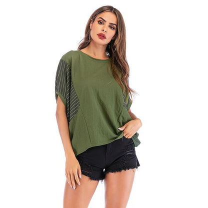 Summer Bat Sleeve Stitching Striped Round Neck Loose Top Women T Shirts