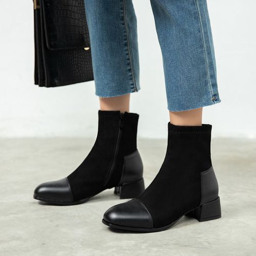 Women Color Block Low Heels Short Boots