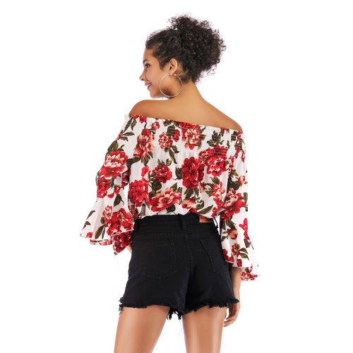 Sexy Strapless Printed   Women Chiffon Shirt Blouses