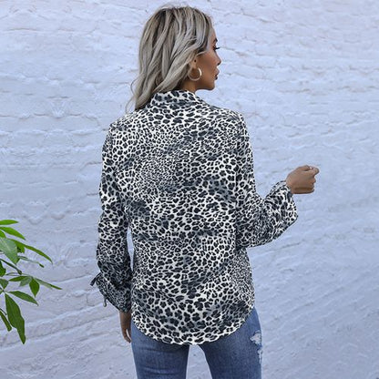 Womens Leopard Print Shirt Long Sleeved Single-breasted Blouse