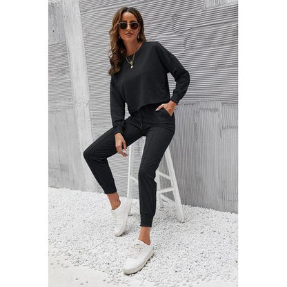 Womens Solid Color Long Sleeve Tops Pants Two Pieces Sports Suit