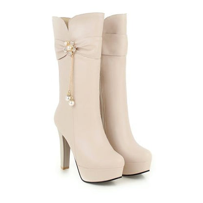 Women Rhinestone Pearl High Heels Platform Mid Calf Boots