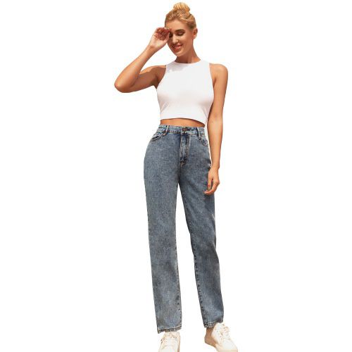 Women Washed Denim Pants High Waist Jeans