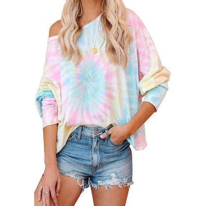 Women Tie-dye Gradient Off-the-shoulder T-shirt Long Sleeved Top