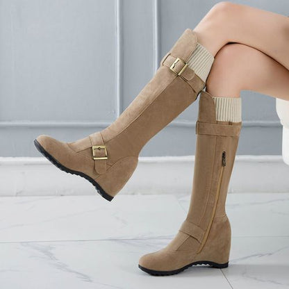 Women Buckle Wedge Heels Knee High Boots