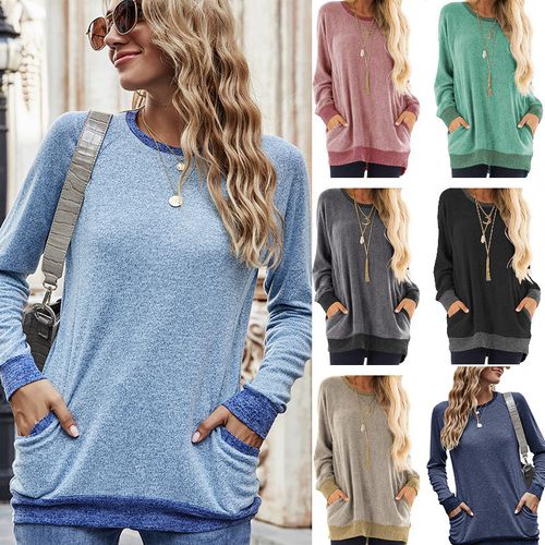 Women Color Contrast Pocket Sweater Long Sleeve Pullover Sweatshirt T-shirt