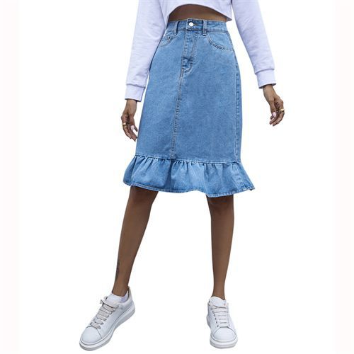 Ins Fashion High Waist Flounce Denim Women Skirts