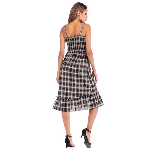 Causual Plaid High Waist Lotus Leaf Side Sling Skirt Women Dresses