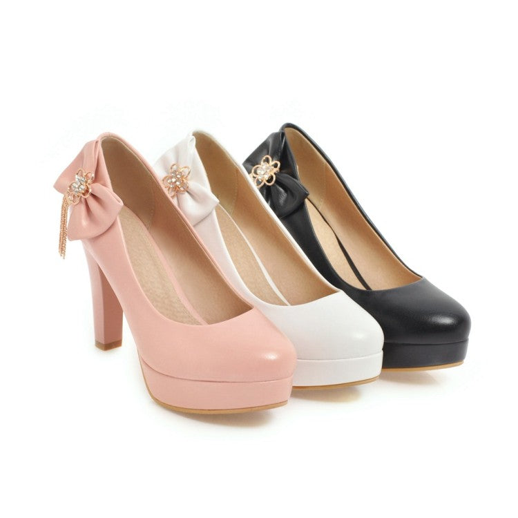 Women Chunky Heel Pumps Bow High Heels Platform Shoes 8056