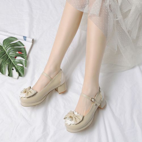 Women Chunky Heel Pumps Mary Janes Shoes with Bowtie Pearl