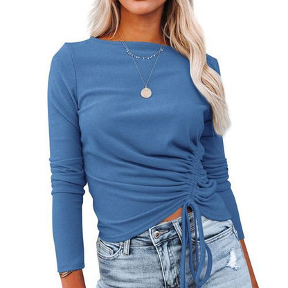 Womens Drawstring Solid Color Long Sleeve Sweater