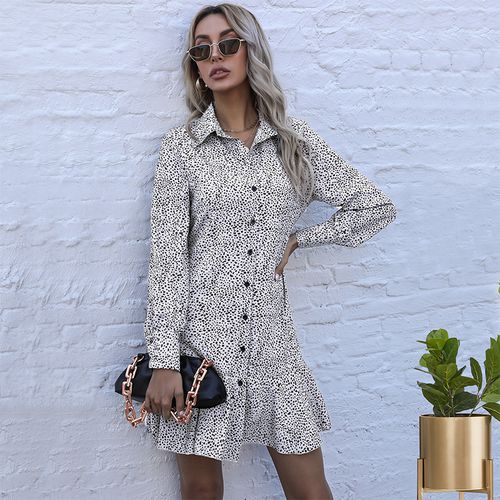 Women Leopard Print Shirt Dress Ruffle Long Sleeve