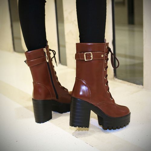 Women Lace Up Buckle High Heel Short Motorcycle Boots