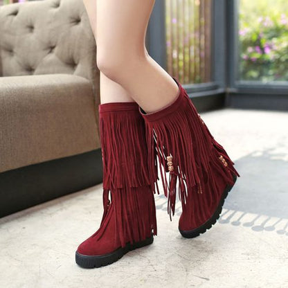 Women Tassel Platform Wedges Mid Calf Boots