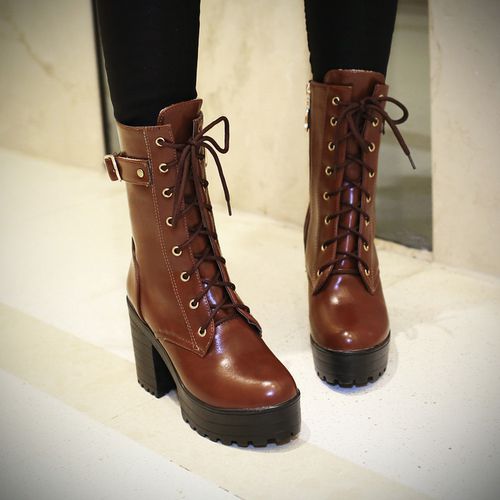 Women Lace Up Buckle High Heel Short Motorcycle Boots