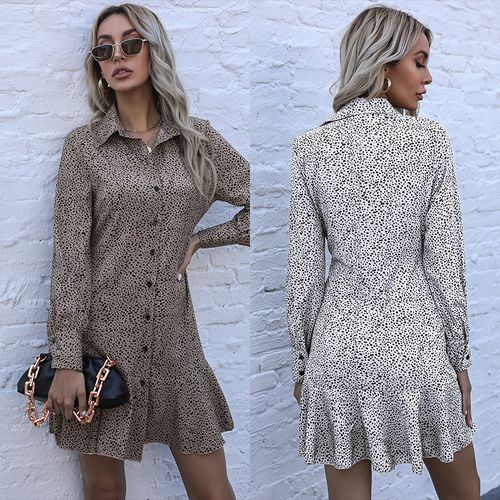 Women Leopard Print Shirt Dress Ruffle Long Sleeve