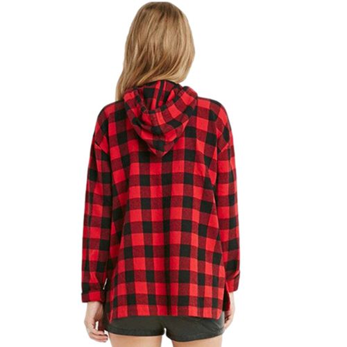 Plaid Hood Spring Slim Draw Rope Casual Women Blouses