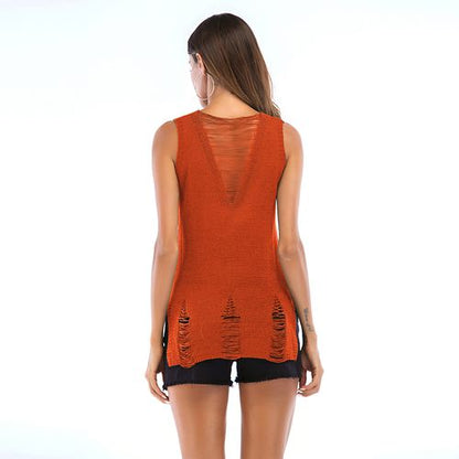 V Neck Hollow Out Mid Leanth Solid Color Women Sling Tank Top