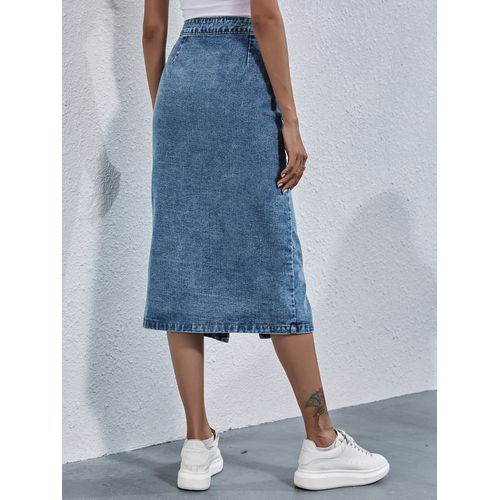 Ins Fashion High Waist Single Breasted Denim Long Women Skirts