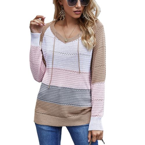 Women Long Sleeved  Hollow Out Contrast Color Knitted Sweater Hoodie