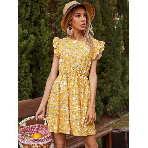 Womens Ruffle Flower Short Sleeved Dress