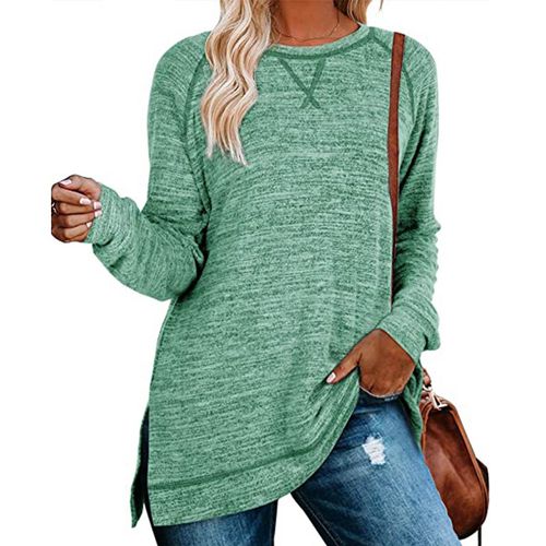 Womens Solid Color Round Neck Pullover Long Sleeved Top