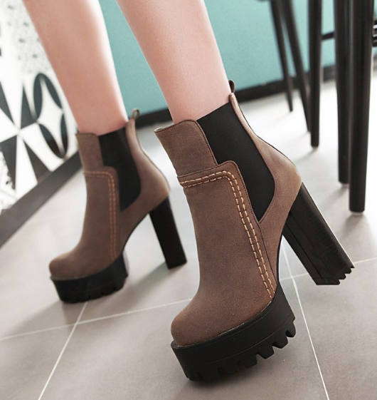 Faux Leather High Heels Women Short Boots Chunky Heel