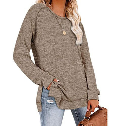 Womens Solid Color Round Neck Pullover Long Sleeved Top