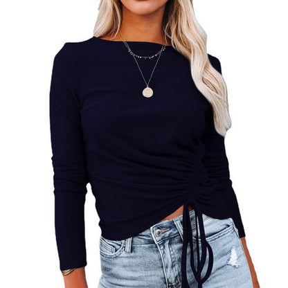 Womens Drawstring Solid Color Long Sleeve Sweater