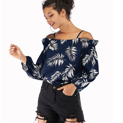 Sexy Strapless   with Spring Slim Print Jacket Women Chiffon Shirt Blouses