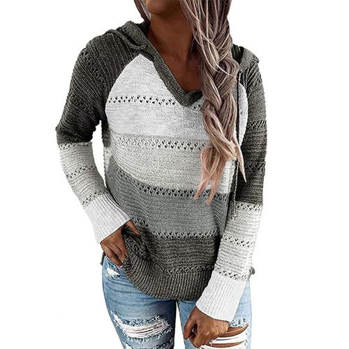 Women Long Sleeved  Hollow Out Contrast Color Knitted Sweater Hoodie