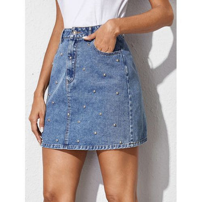 Inshigh Waist Denim Fashion Beads Packet Buttock Women Skirts