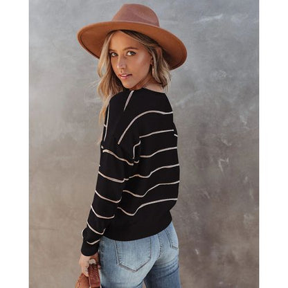 Womens Round Neck Stripe Long Sleeve Pullover Sweater