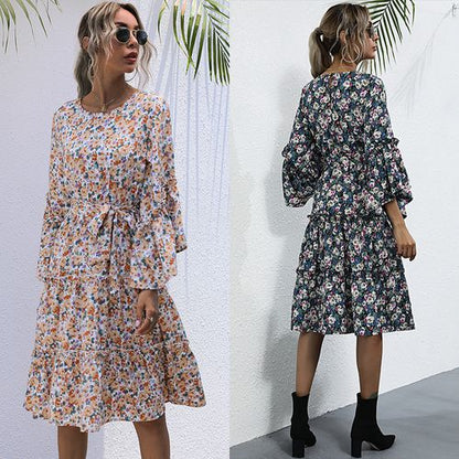 Women Chiffon Floral Round Neck Long Sleeved Dress