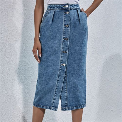 Ins Fashion High Waist Single Breasted Denim Long Women Skirts