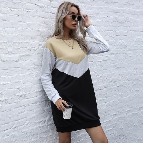 Contrast Sweater Spring Summer Skinny Crew Neck A-line Dress Women Dresses