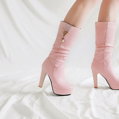 Women Pearl High Heels Platform Mid Calf Boots