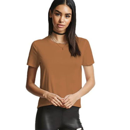 Solid Round Collar Top Back Open Fork Simple Short-sleeved Women T Shirts