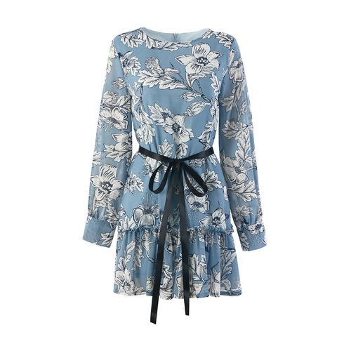 Chiffon Print Round Collar Lantern Sleeve Long Sleeves Beam Waist Print Women's Dresses