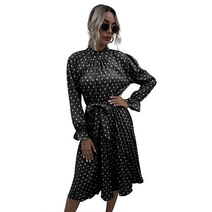 Women Lotus Leaf Sleeve Polka-dot Long Sleeved Dress