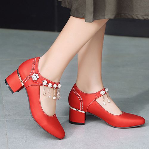 Women Rhinestone Tassel High Heeled Chunky Heels Pumps