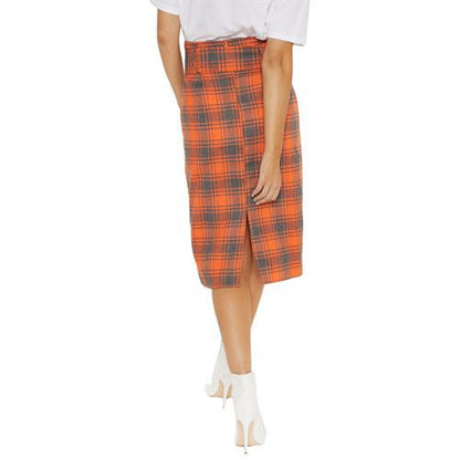 Plaid Mid Long All-matched Belt A-line Women Skirts