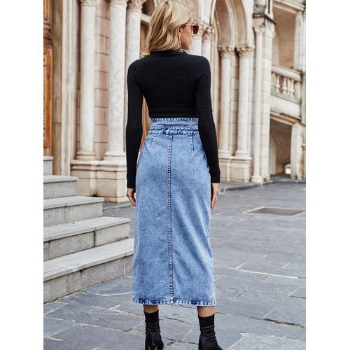 Ins Fashion High Waist Button Slit Denim Women Skirts