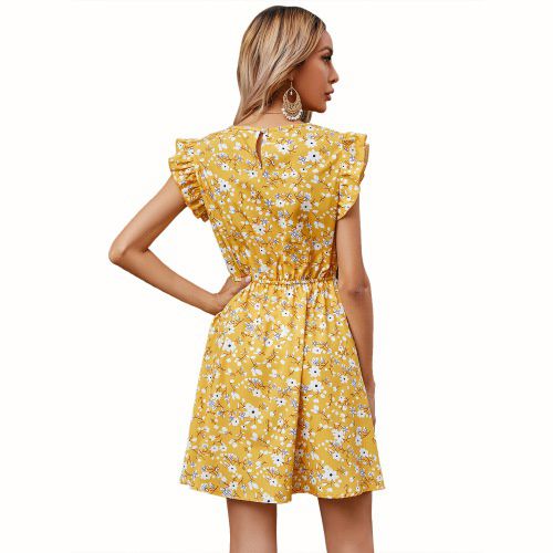 Womens Ruffle Flower Short Sleeved Dress