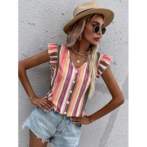 Womens V-neck Rainbow Stripe Top Shirt