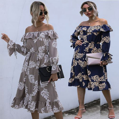 Women Off Shoulder Floral Printed Long Sleeved Dress