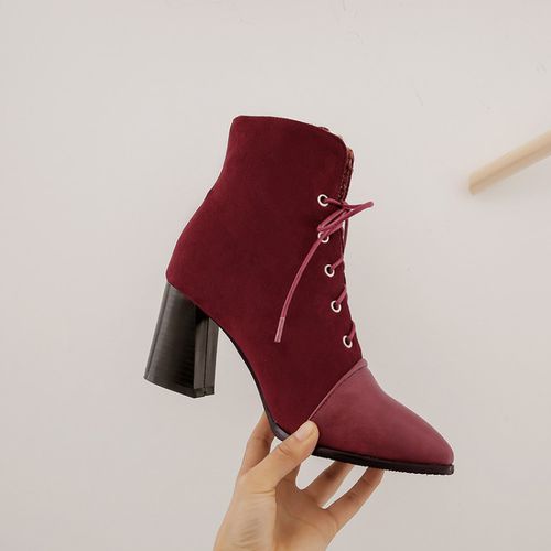 Women Pointed Toe Lace Up High Heels Short Boots